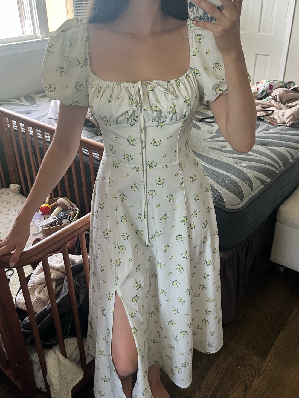 House of CB Look Alike White Floral Puff-Sleeve Midi Dress with Front Slit